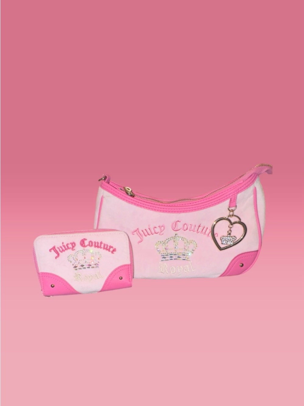 Juicy Couture Royal Pink Velour Shoulder Bag & Wallet Set NWOT